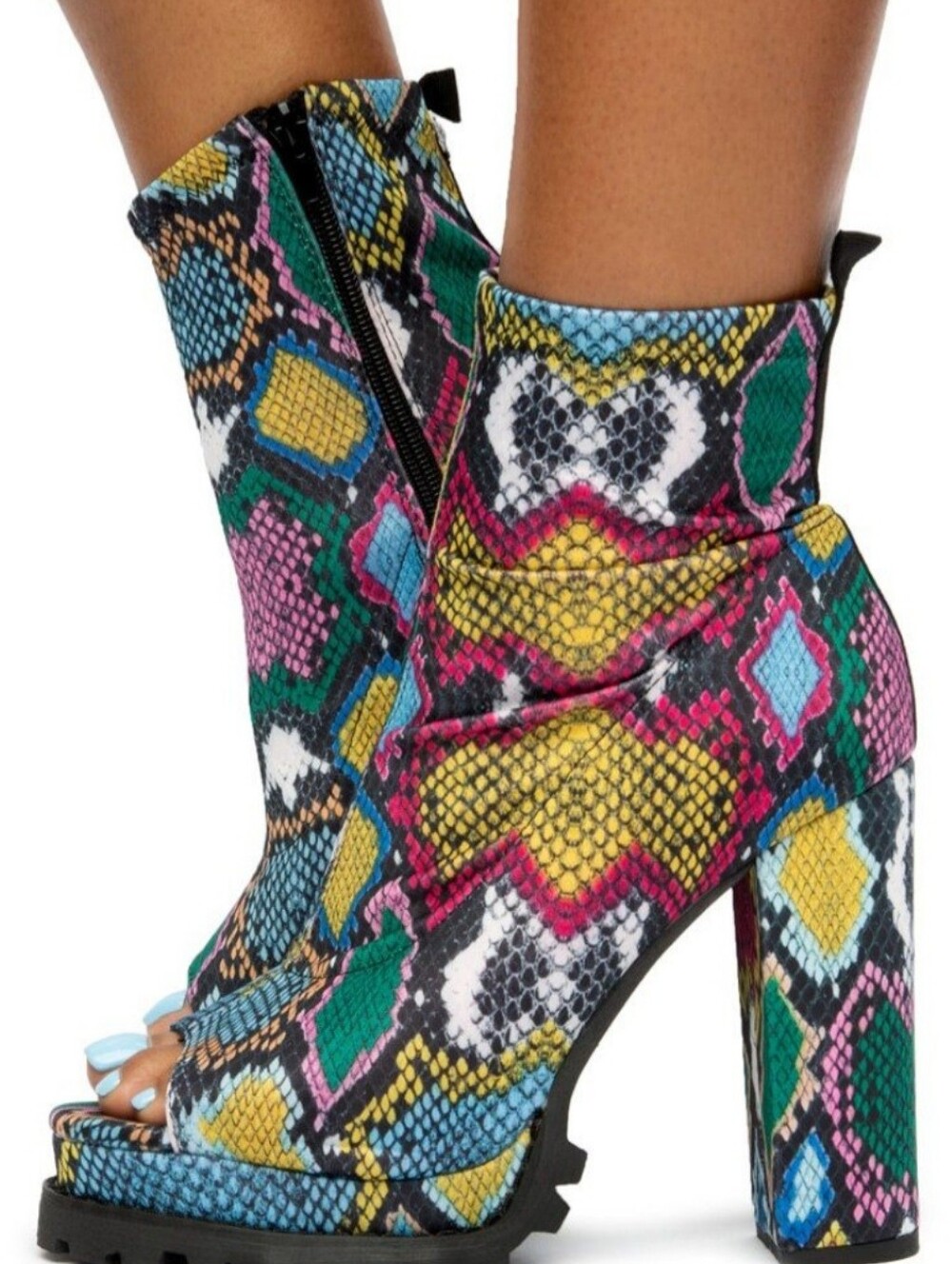 Liliana Multicolor Snake-Print Peep-Toe Block Heel Booties - Picture 2 of 4